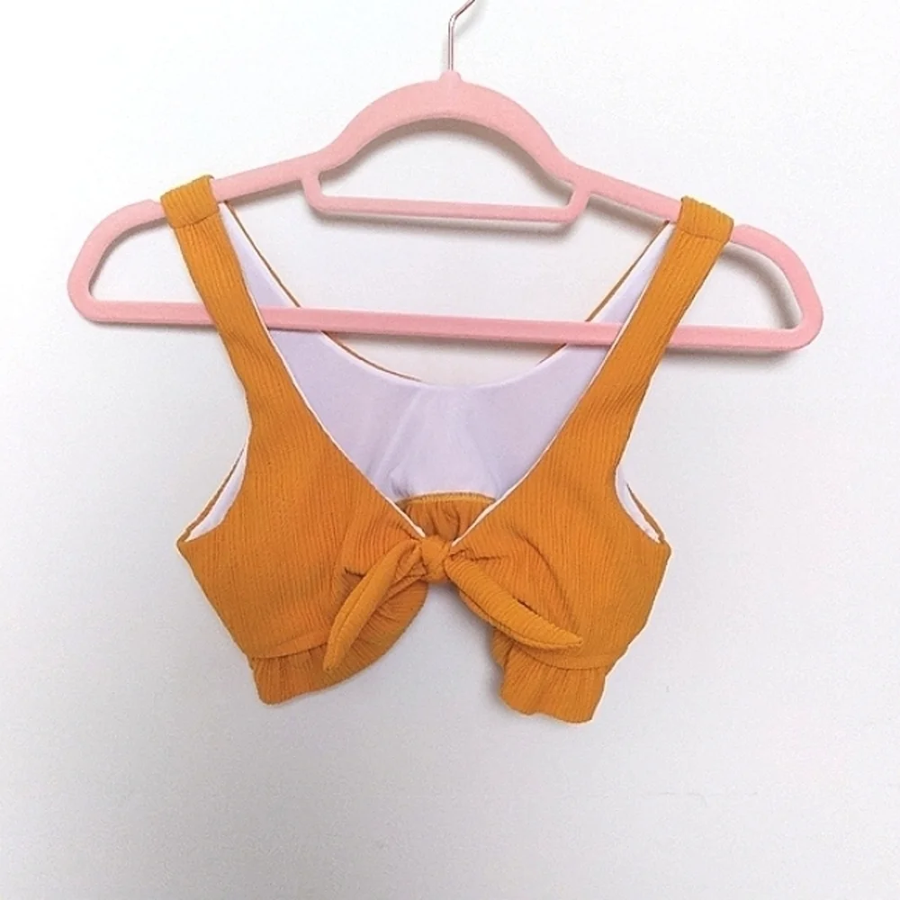 Shein Mustard Yellow Ribbed Bow Detail Bikini Top Size Small